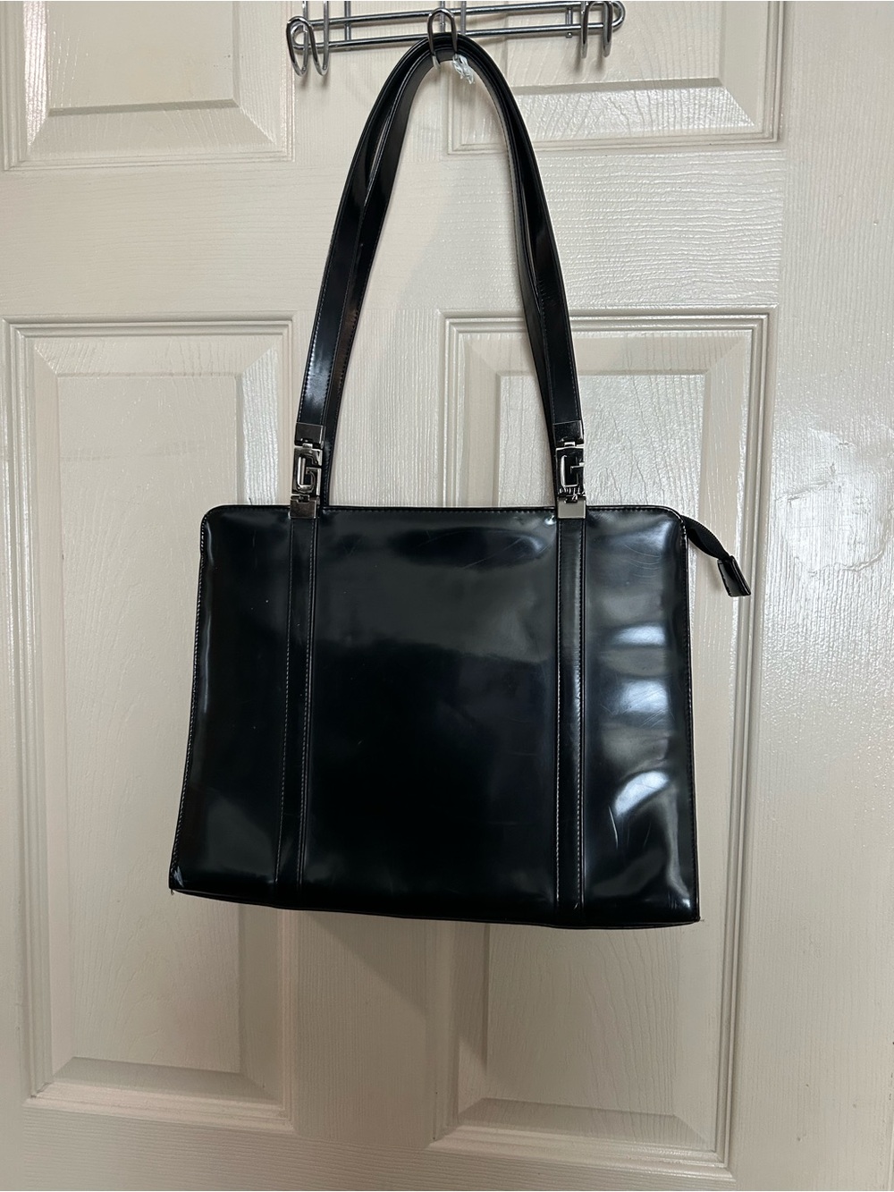 Guess Black Patent Shoulder Bag with Silver Hardware